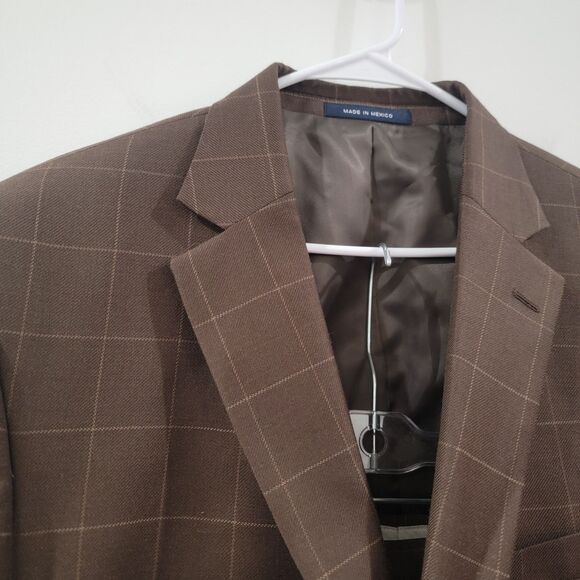 Paul Fredrick Mens Suit Size 48 R Brown Windowpane Plaid Wool Classic Fit Retro - Picture 3 of 15